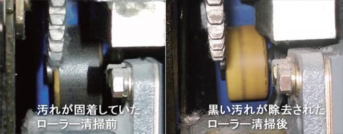 左：汚れが固着していたローラー清掃前、右：黒い汚れが除去されたローラー清掃後